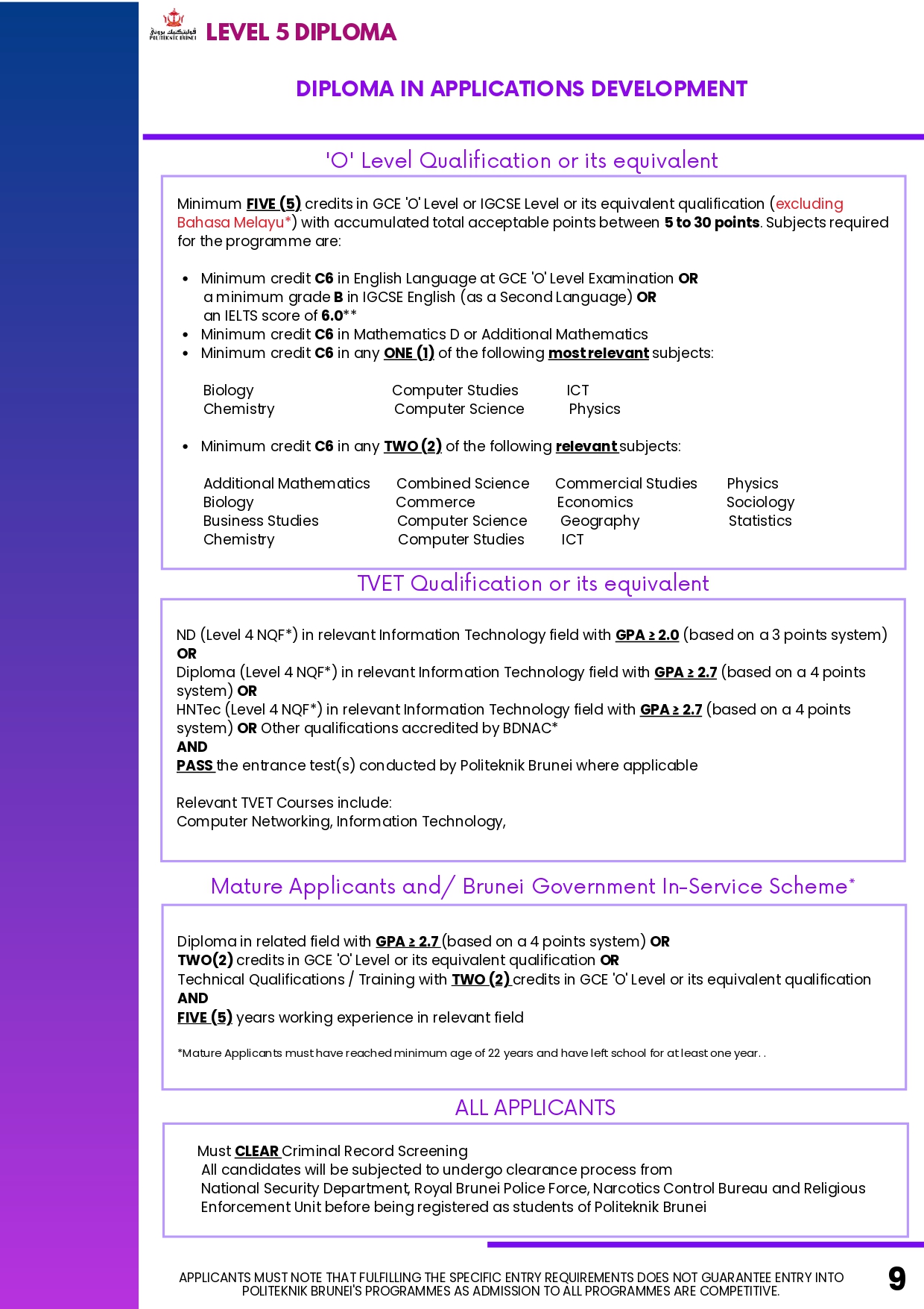 Entry Requirement Politeknik Brunei